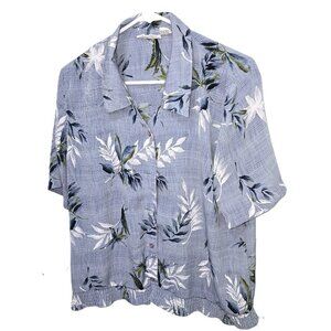 Alfred Dunner Blouse Blue Gray Leaves Top Size 16 Elastic Hem